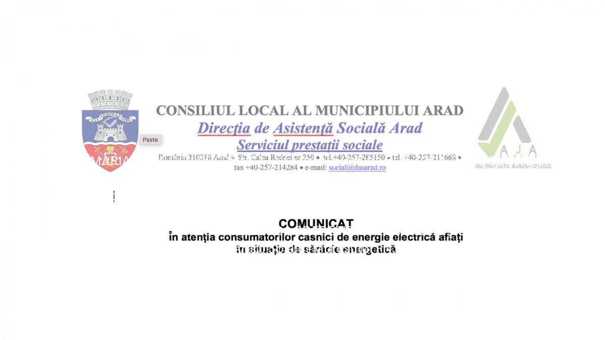 COMUNICAT În atenția consumatorilor casnici de energie electrică aflați  în situație de sărăcie energetică