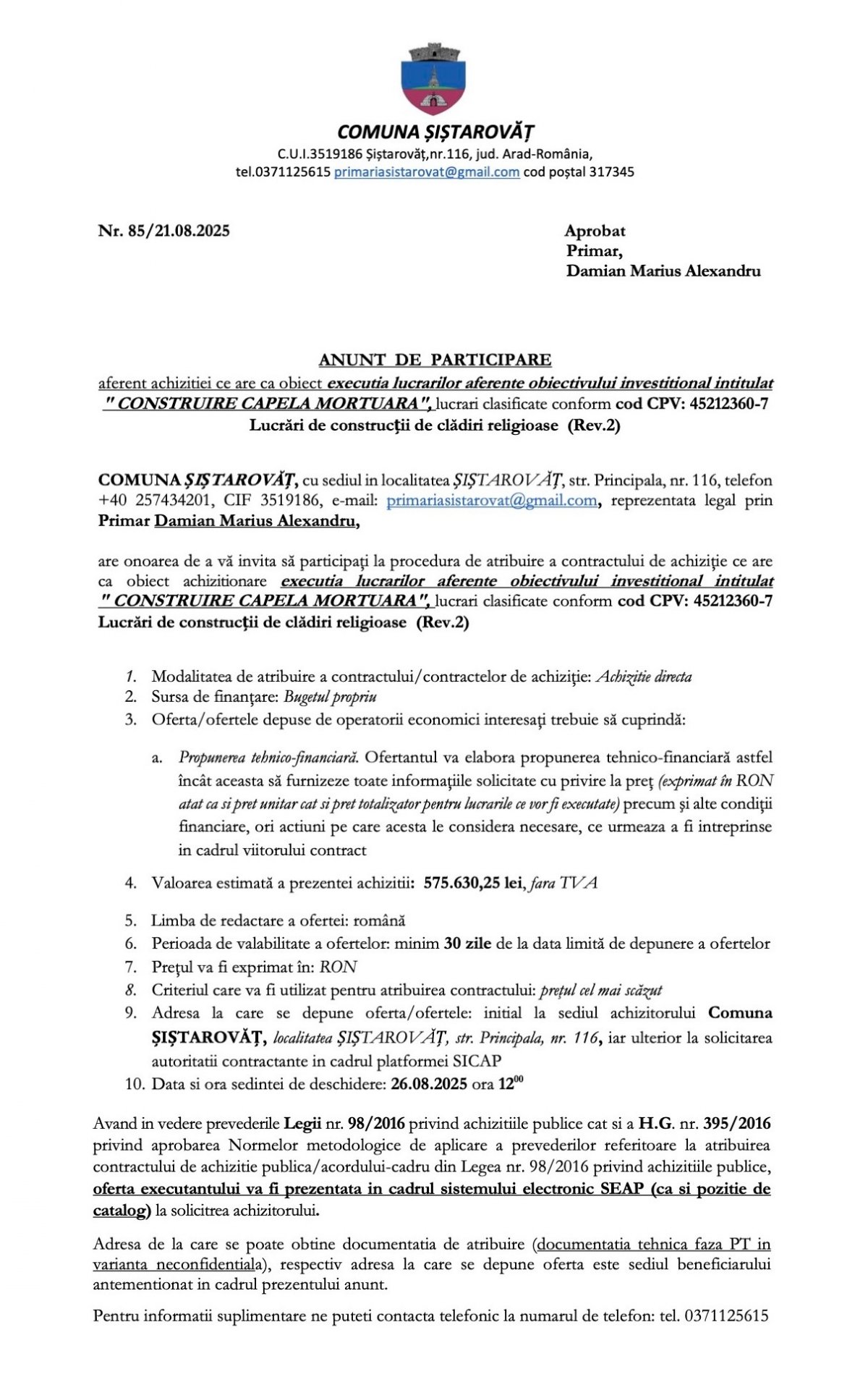 ANUNȚ DE PARTICIPARE