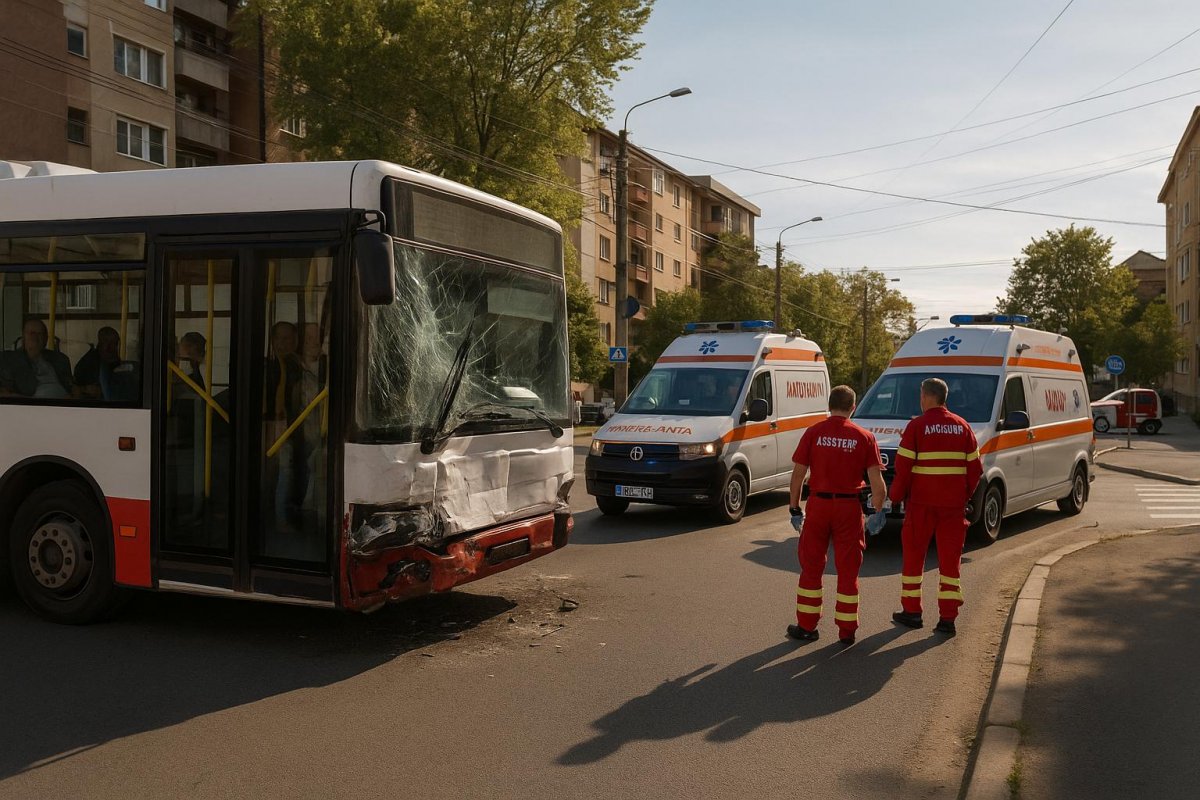 Un autobus a fost lovit de un camion în Arad pe str. Renașterii