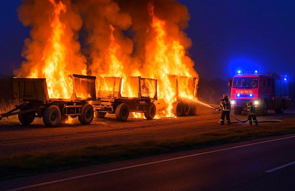 Incendiu de proporții la intrarea în Vladimirescu: patru remorci de camioane cuprinse de flăcări