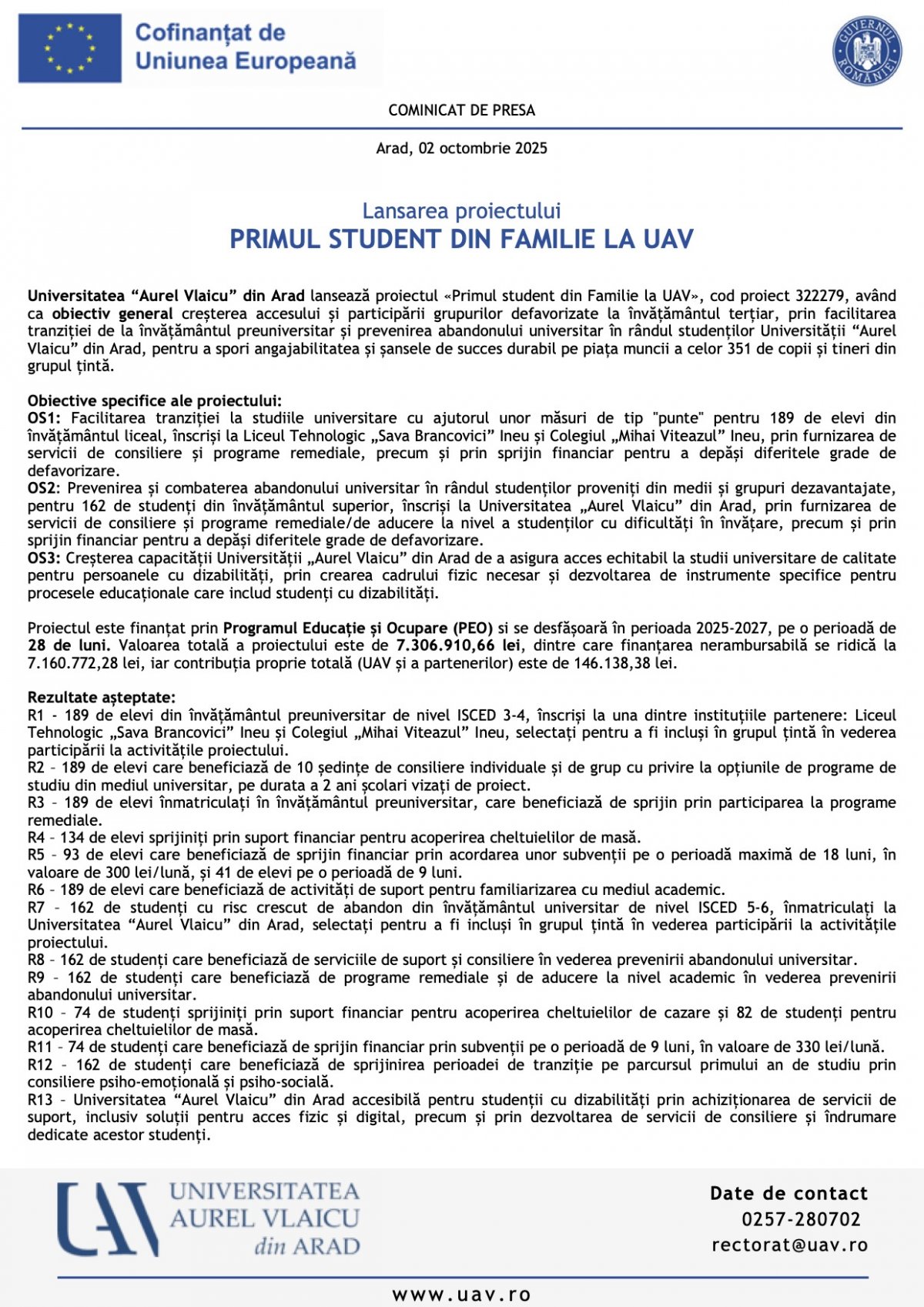 Lansarea proiectului PRIMUL STUDENT DIN FAMILIE LA UAV