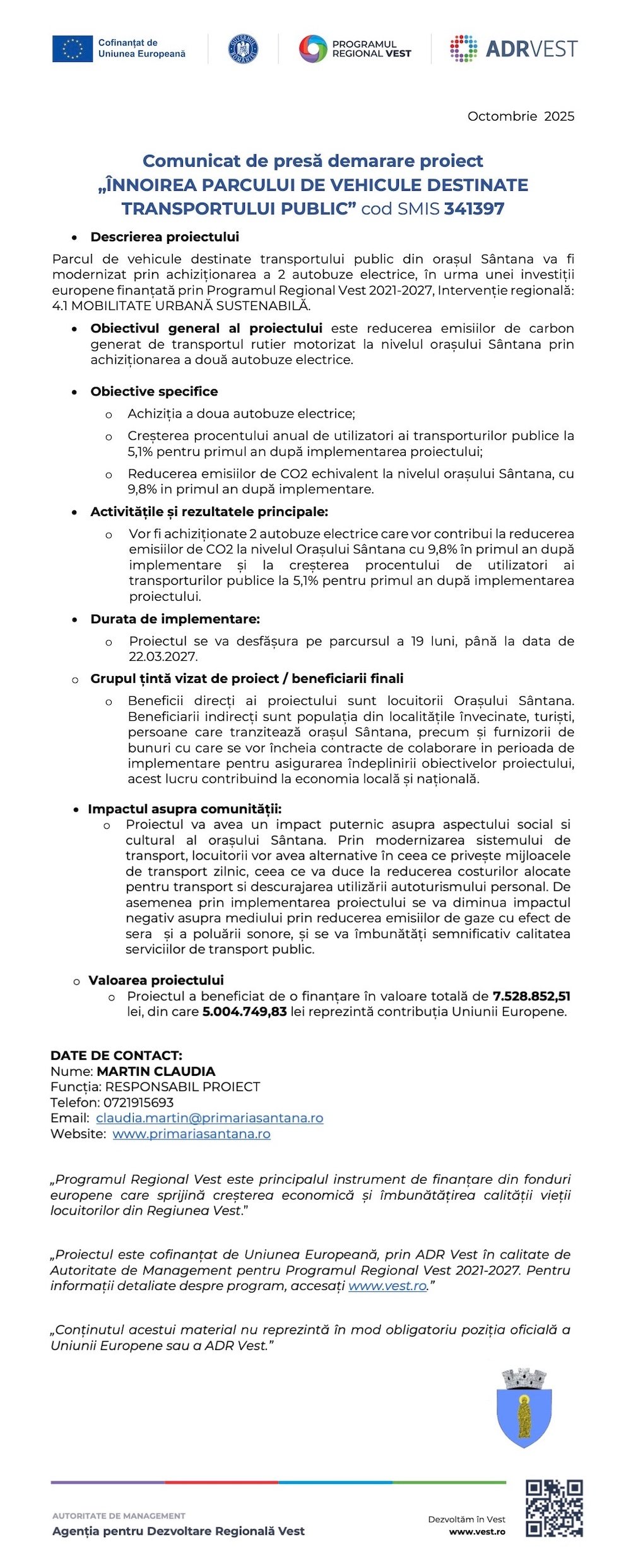 Comunicat de presă demarare proiect  „ÎNNOIREA PARCULUI DE VEHICULE DESTINATE TRANSPORTULUI PUBLIC” cod SMIS 341397