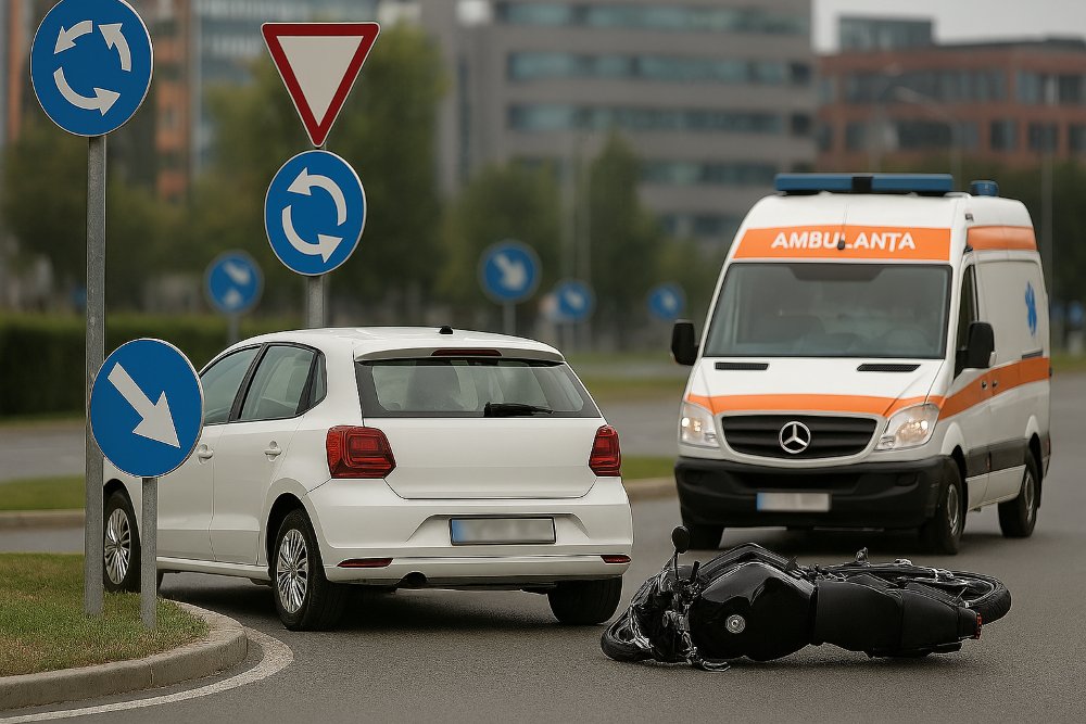 Accident în sensul giratoriu de la Intim; un motociclist a fost rănit
