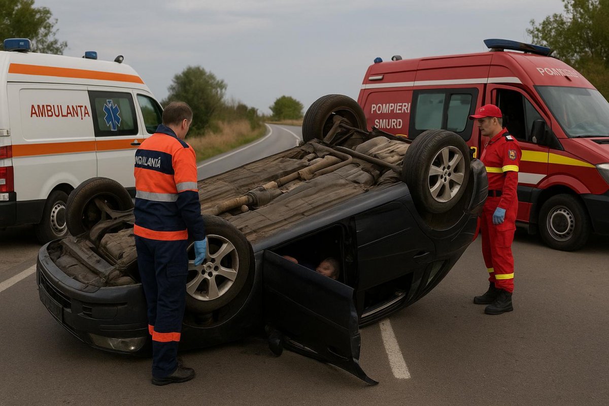 Accident rutier la Lipova – o mașină s-a răsturnat, două persoane rănite