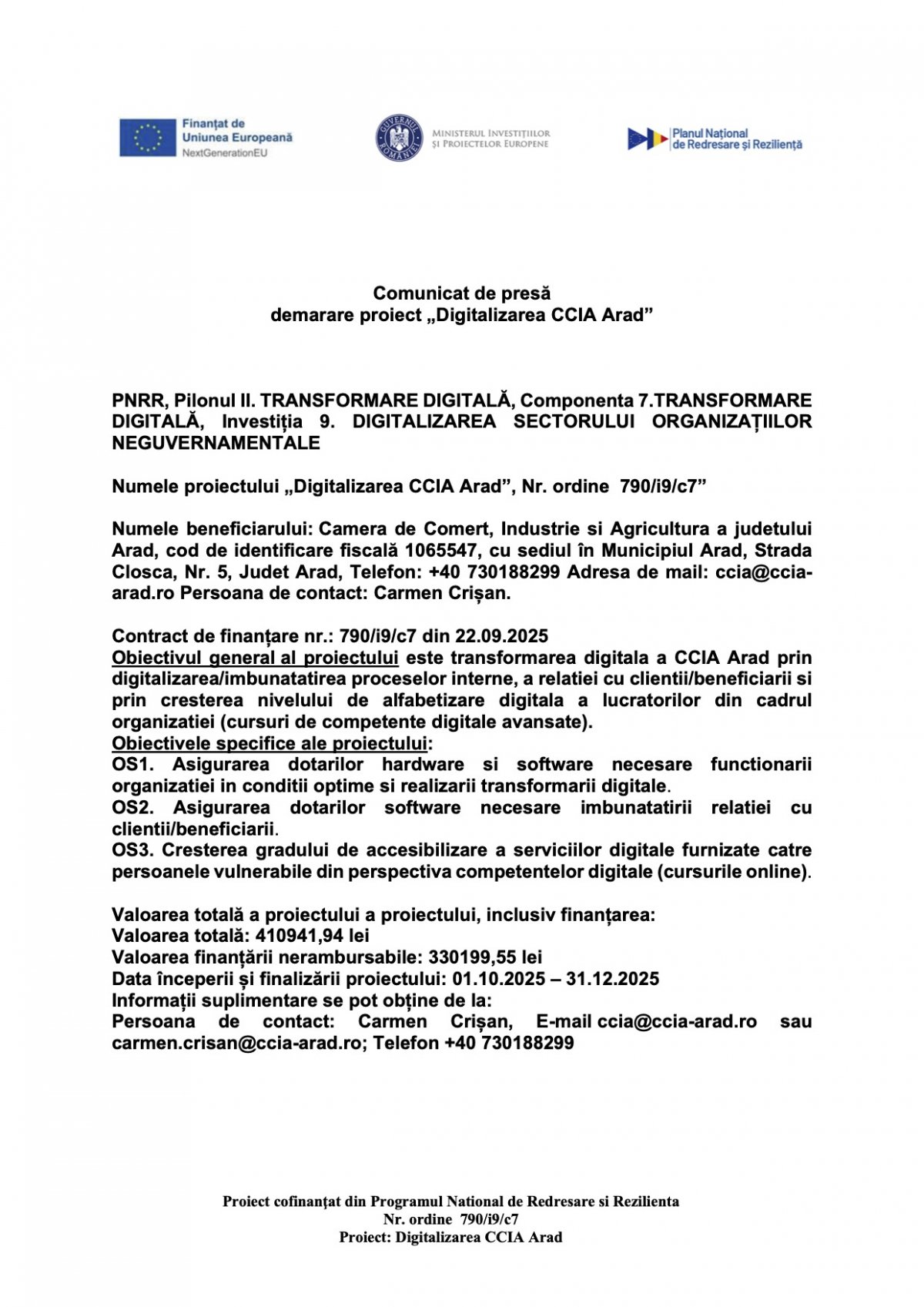 Comunicat de presă  demarare proiect „Digitalizarea CCIA Arad”