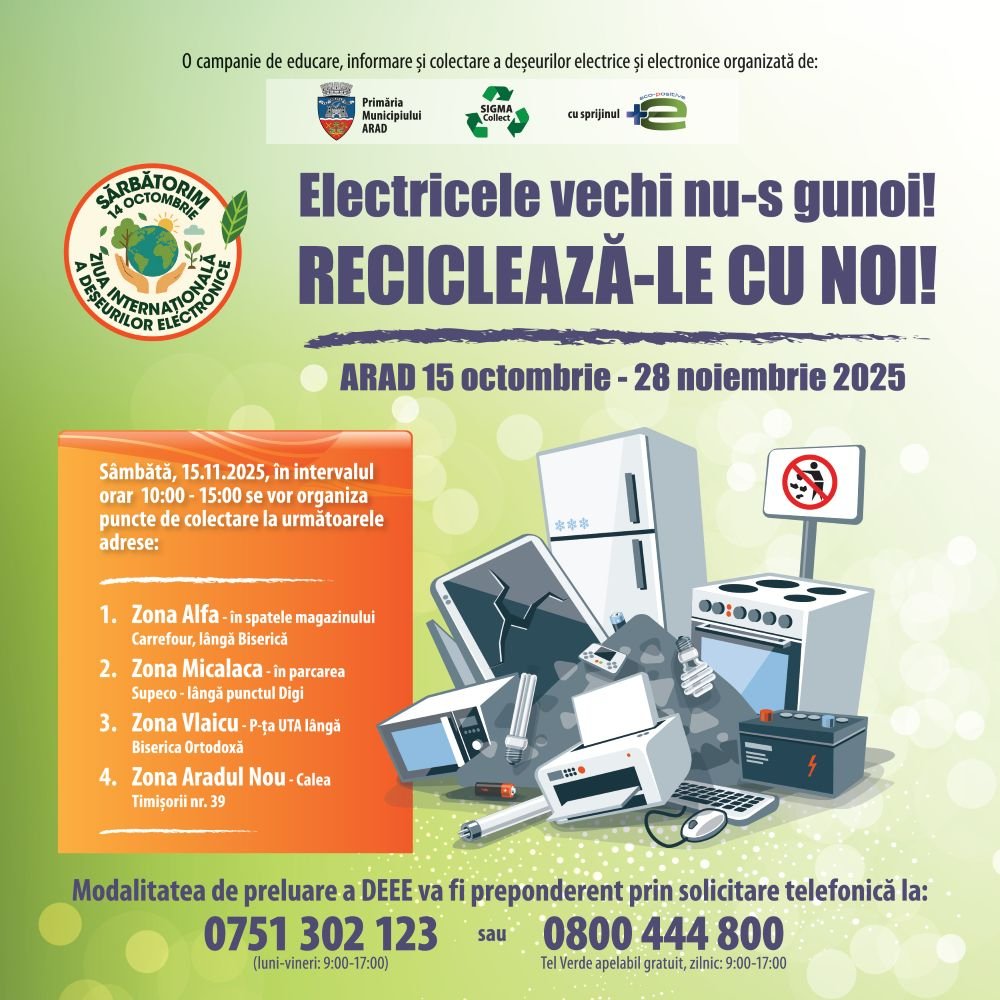 Campanie de colectare a deșeurilor electrice în municipiu: „Electricele vechi nu-s gunoi! Reciclează-le cu noi!” – 15 octombrie – 28 noiembrie 2025