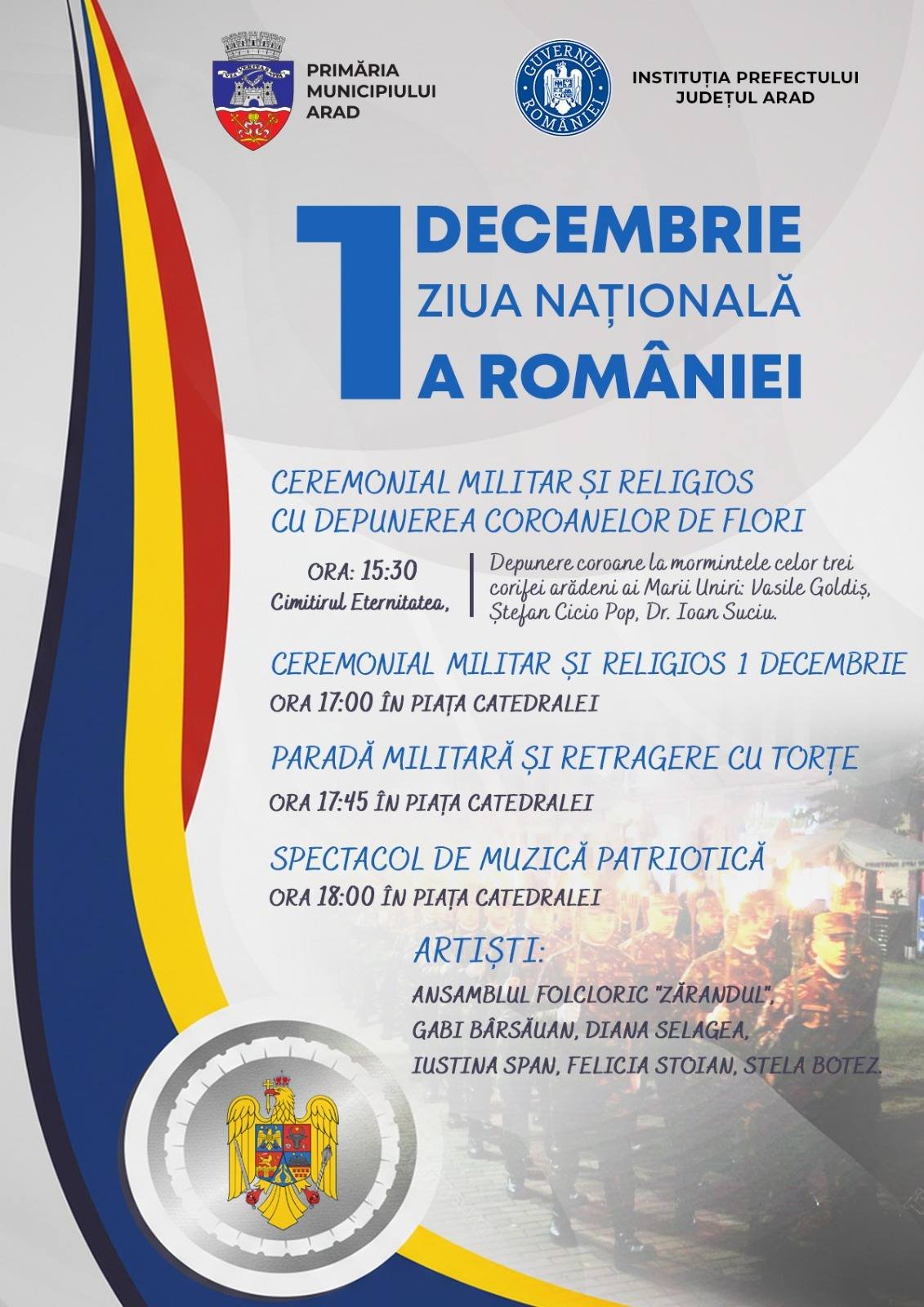 Ceremonii de Ziua Națională: comemorări, defilare și retragere cu torțe la Arad