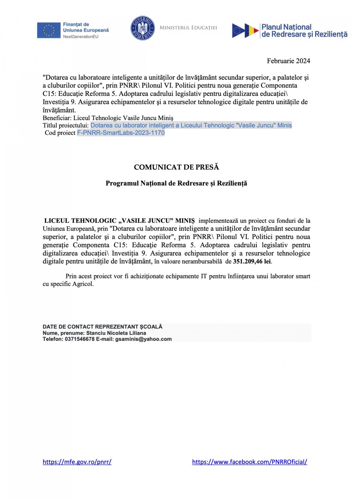 COMUNICAT DE PRESĂ Programul Național de Redresare și Reziliență