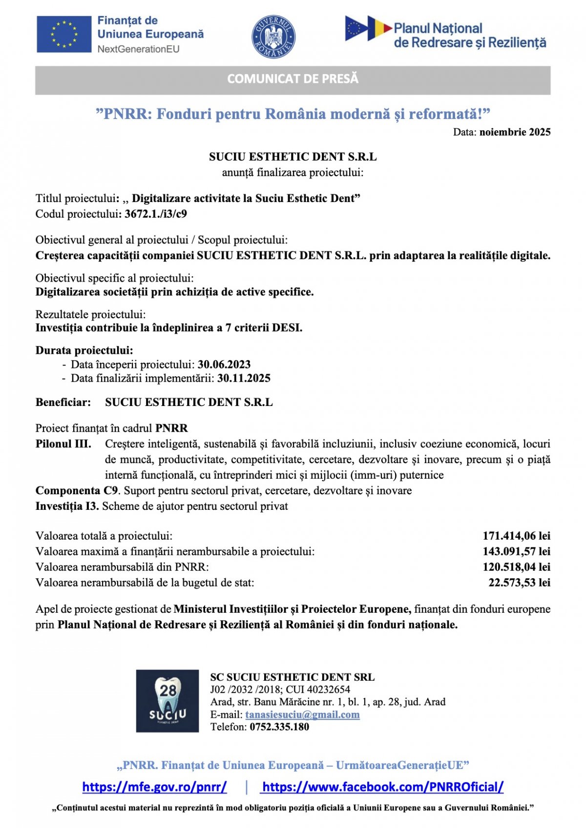SUCIU ESTHETIC DENT S.R.L anunță finalizarea proiectului: Digitalizare activitate la Suciu Esthetic Dent
