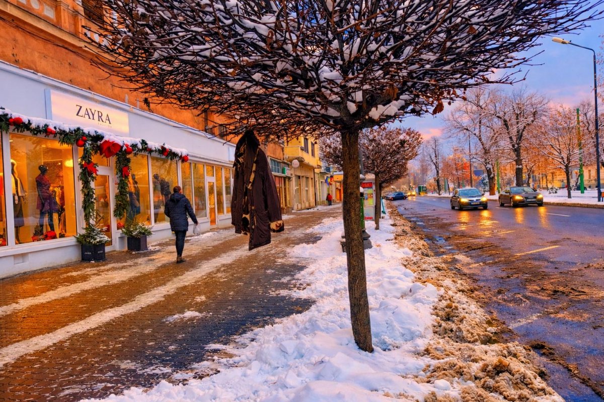 Aradul în iarnă, cu haine de firmă atârnând prin copaci