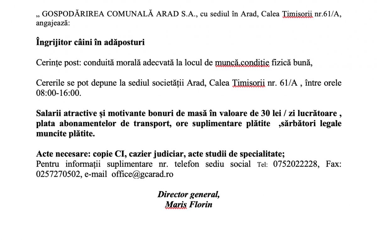 Gospodărirea Comunală Arad angajează