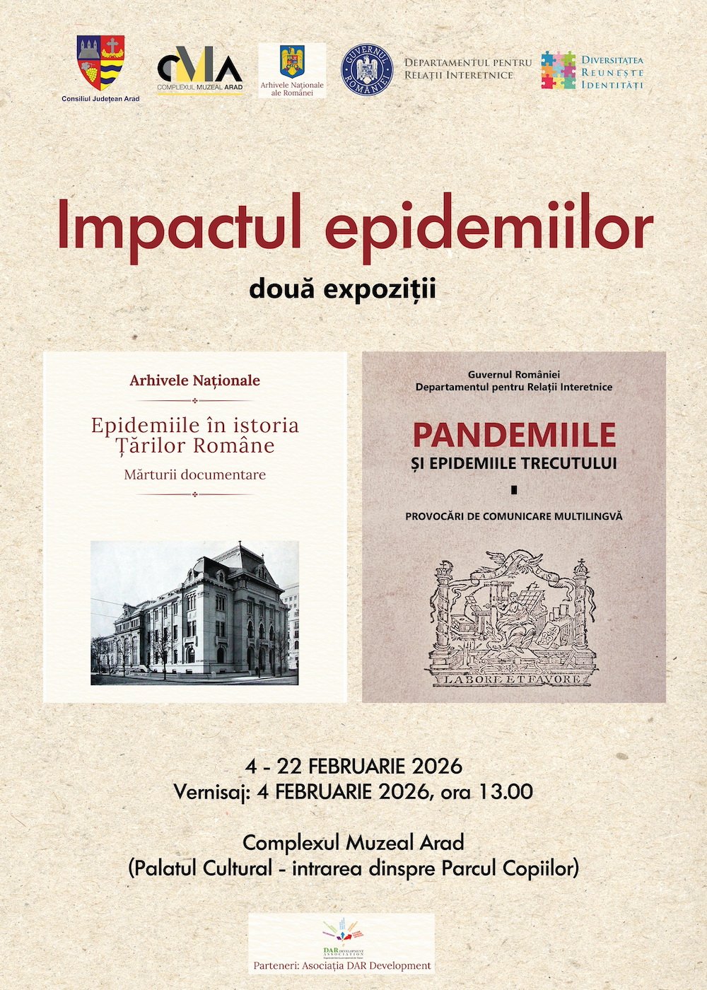 Două expoziții tematice „Epidemiile în istoria Țărilor Române. Mărturii documentare”  „Pandemiile și epidemiile trecutului. Provocări de comunicare multilingvă”