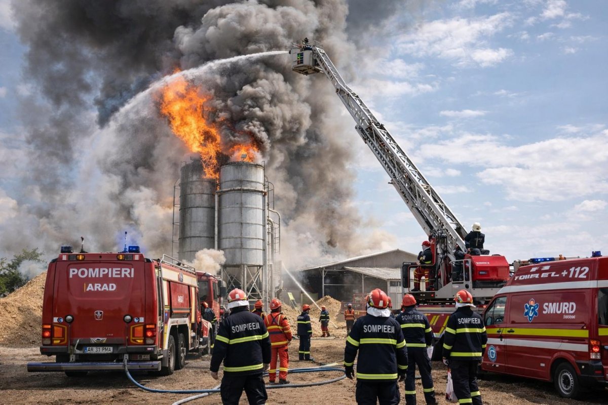 Incendiu izbucnit la un siloz în care este depozitat rumeguș în apropierea localității Șofronea