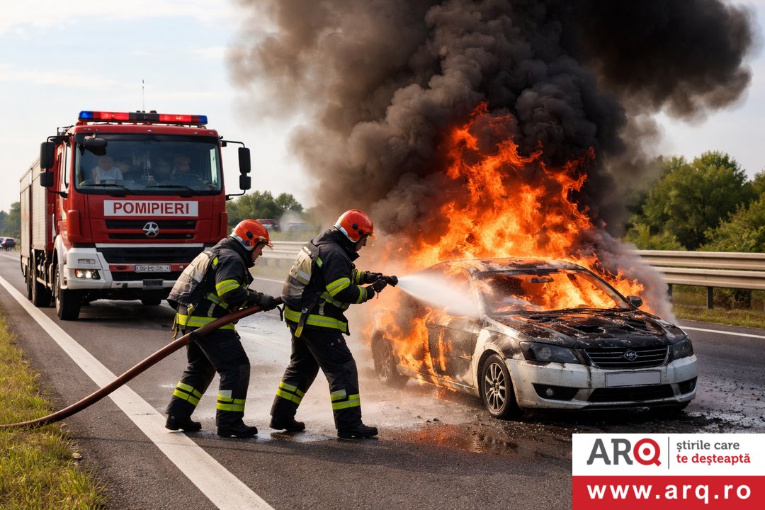 Incendiu la un autoturism pe Autostrada A1 în apropiere de Aeroportul Arad