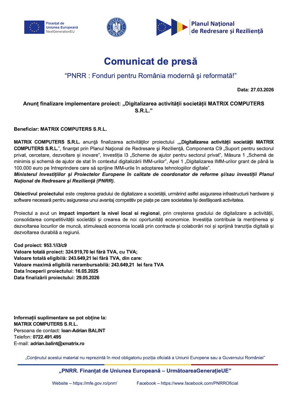 Anunț finalizare implementare proiect: „Digitalizarea activității societății MATRIX COMPUTERS S.R.L.”