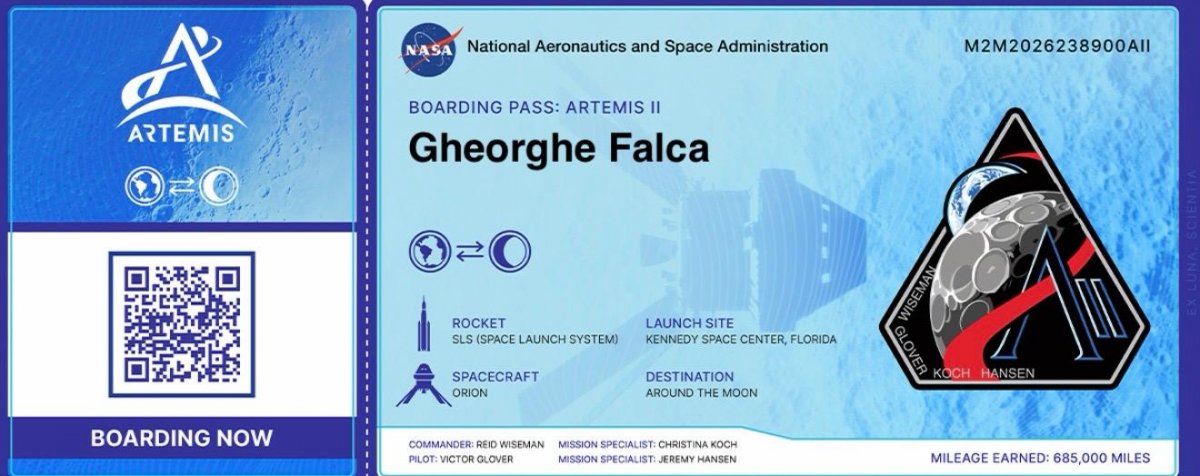 Artemis II a decolat: peste 5,7 milioane de nume, inclusiv al lui Gheorghe Falcă