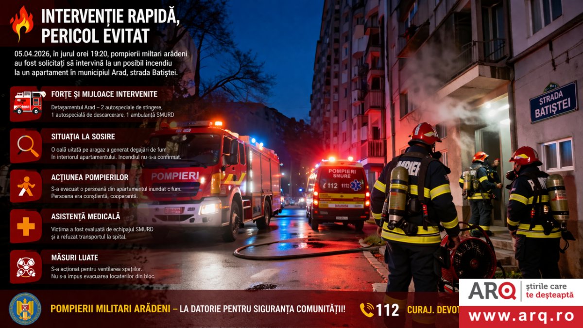  Pompierii militari arădeni au fost solicitați să intervină la un posibil incendiu la un apartament strada Batiștei