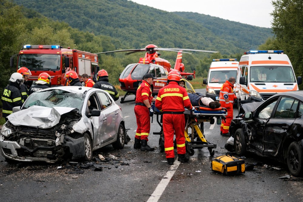 Accident cu trei autoturisme pe DN7, la ieșire din Săvârșin spre Vărădia de Mureș; patru persoane au ajuns la spital