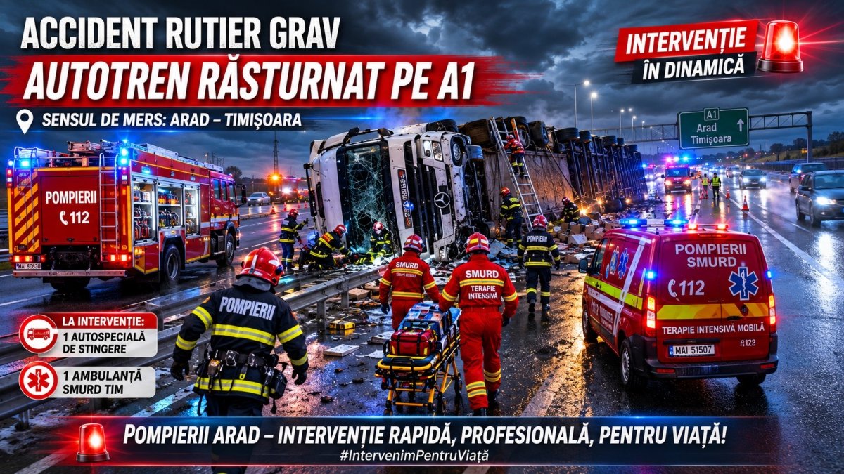  Accident rutier, autotren răsturnat pe A1, sensul de mers Arad - Timișoara