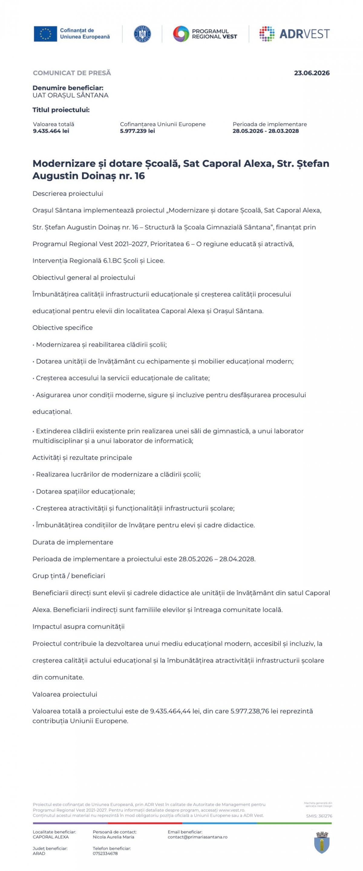 Modernizare și dotare Școală, Sat Caporal Alexa, Str. Ștefan Augustin Doinaș nr. 16