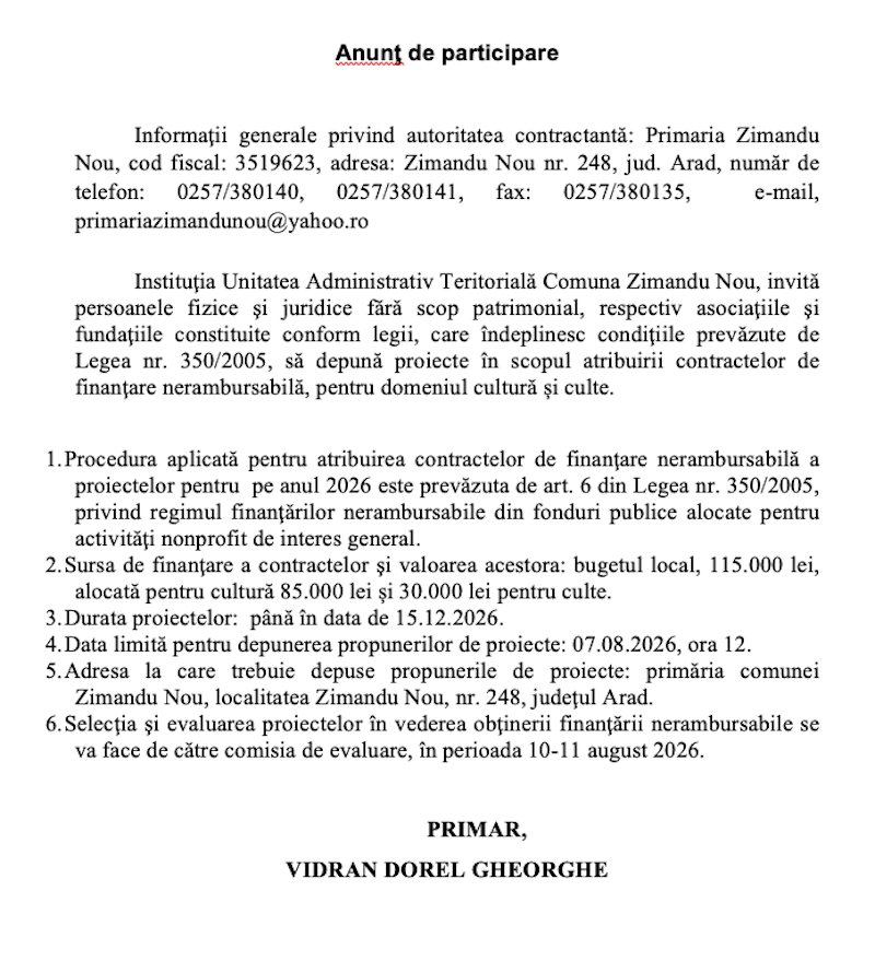 Anunţ de participare
