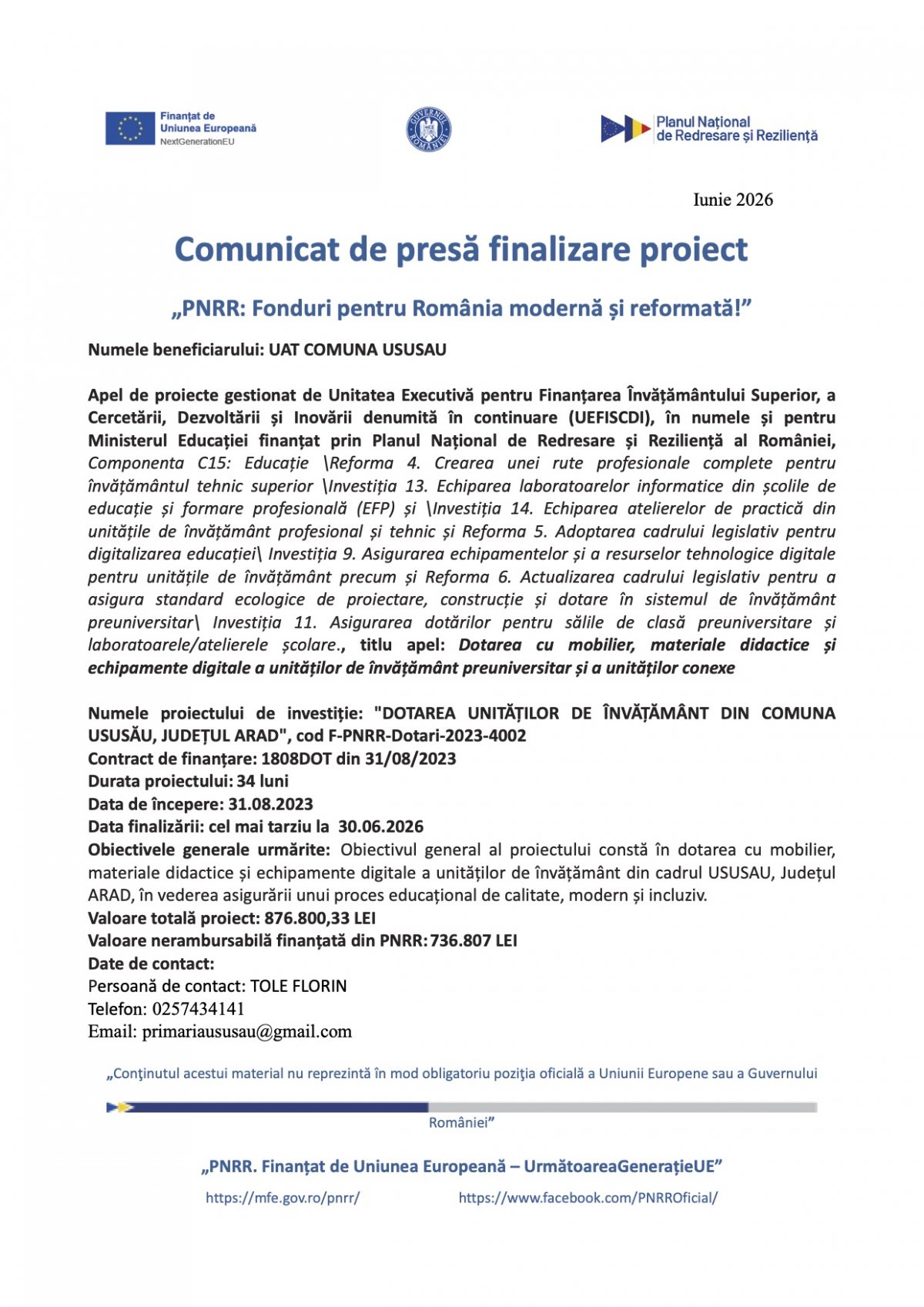 Comunicat de presă finalizare proiect