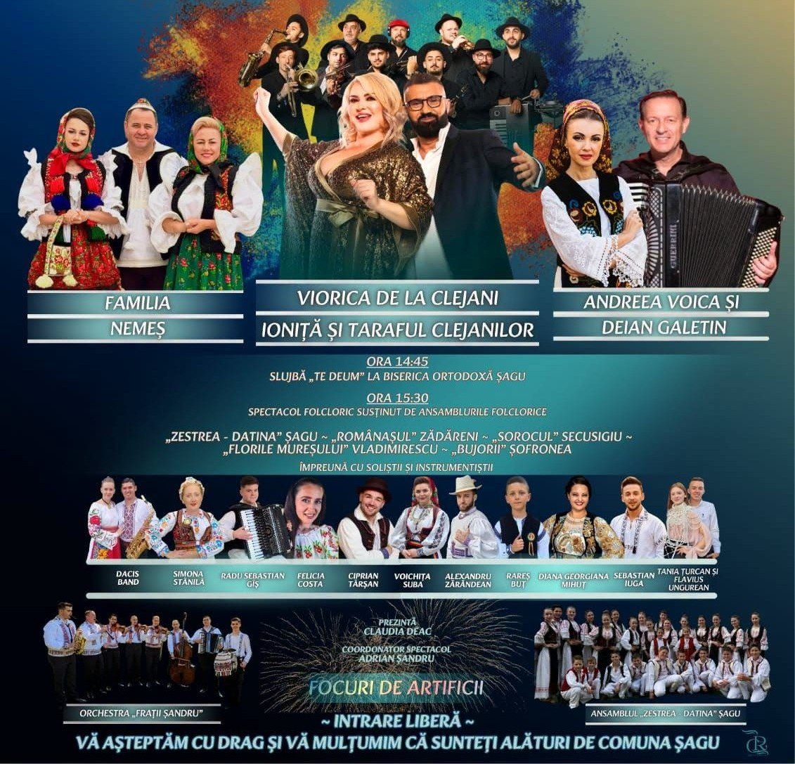 Weekend de sărbătoare la Șagu; evenimente pentru copii și Ziua Comunei. Viorica, Ioniță și Taraful de Clejani sunt cap de afiș