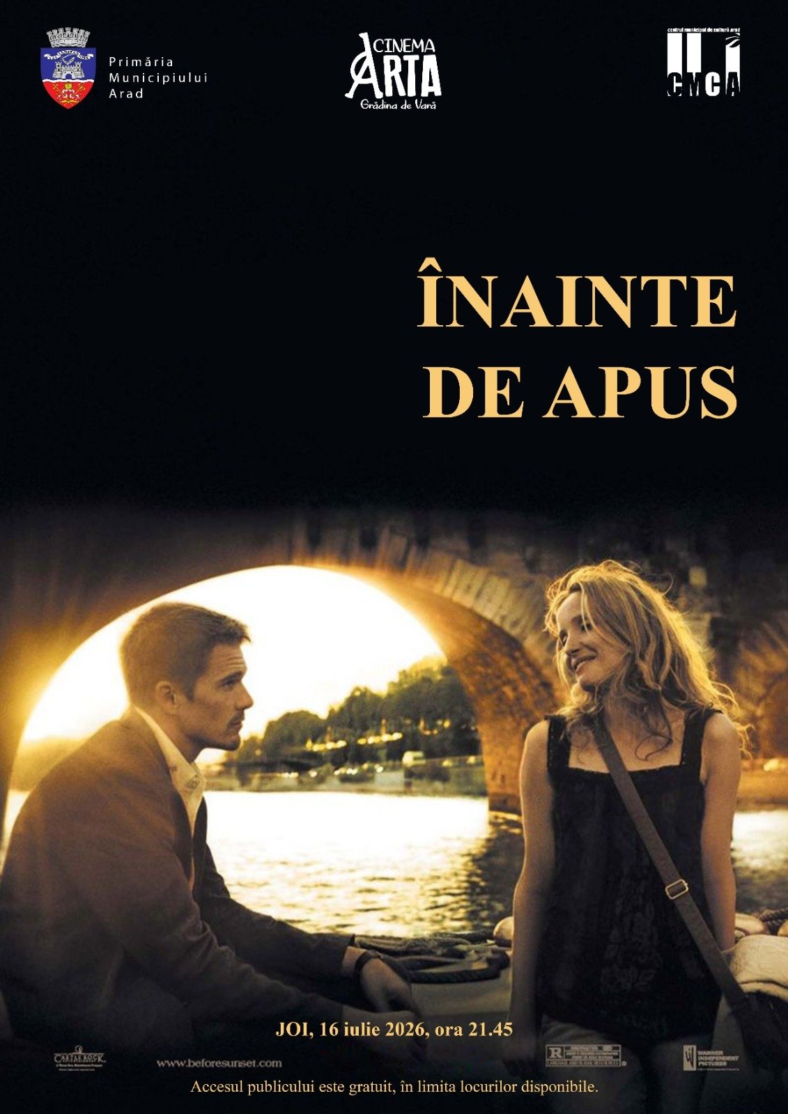 Filmul „Înainte de apus” („Before Sunset”), proiectat în grădina de vară a Cinematografului „Arta” din Arad