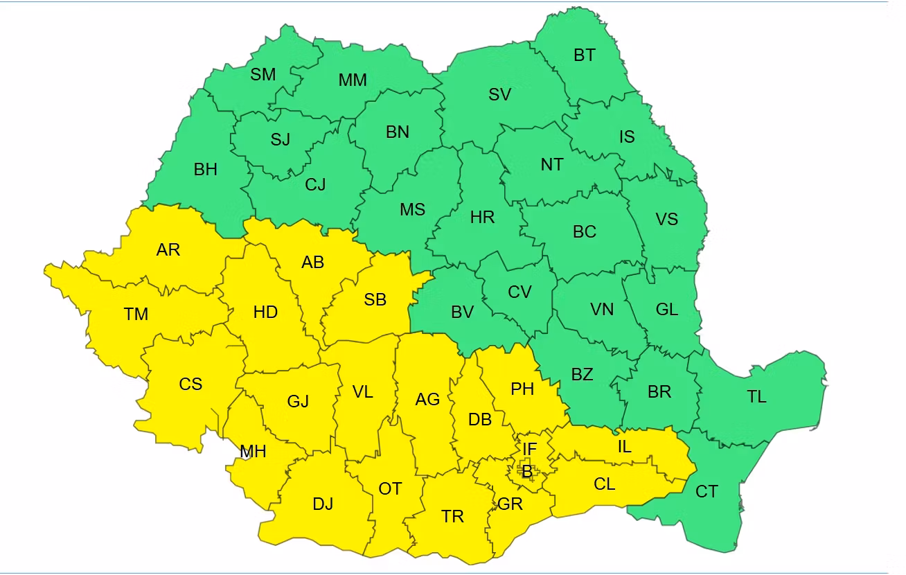 Cod galben de vreme rea în România. Ploi torențiale și vijelii. Aradul, printre județele vizate