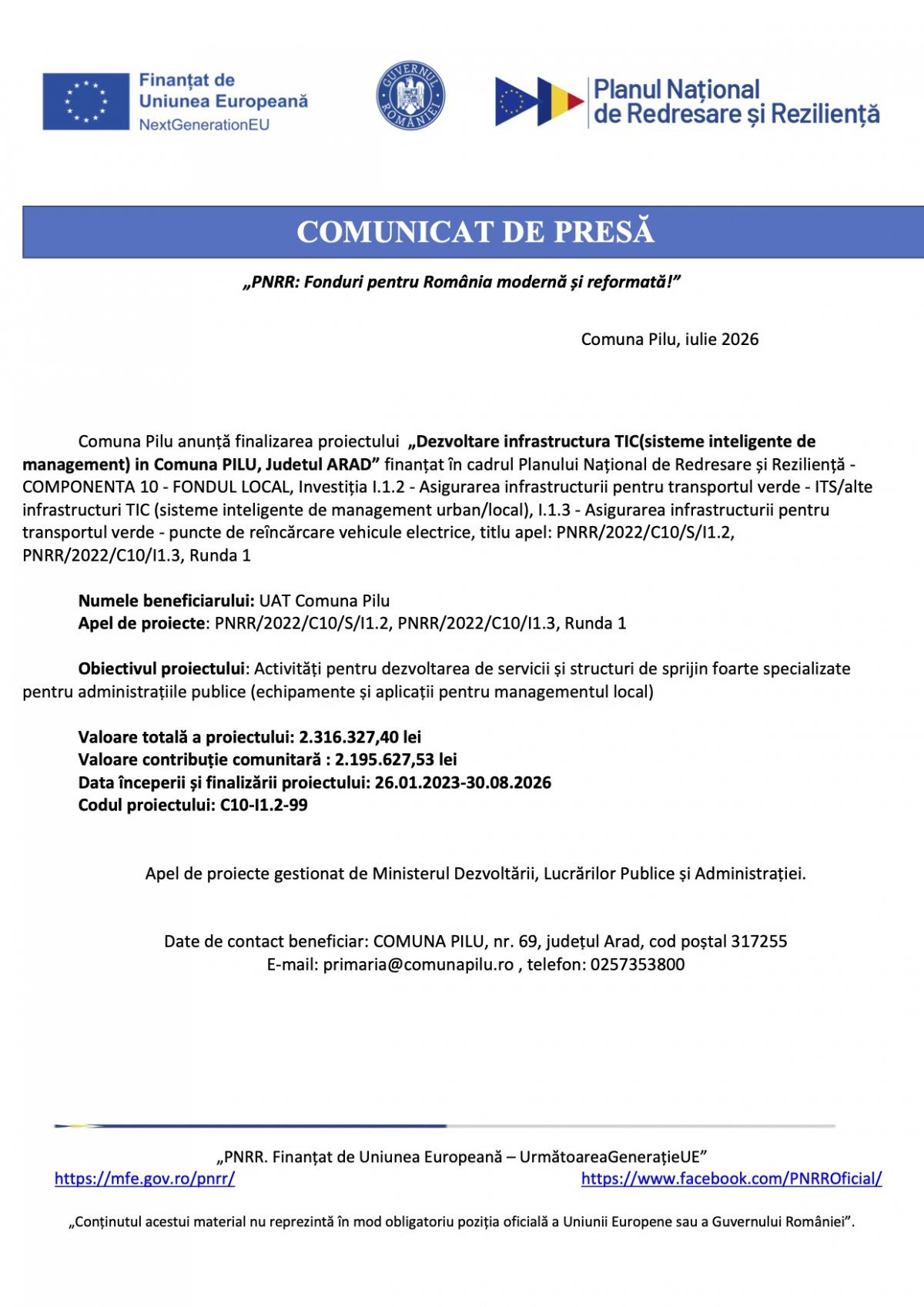COMUNICAT DE PRESĂ