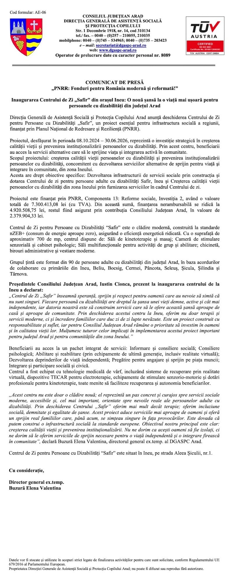Inaugurarea Centrului de Zi „Safir” din orașul Ineu: O nouă șansă la o viață mai ușoară pentru persoanele cu dizabilități din județul Arad