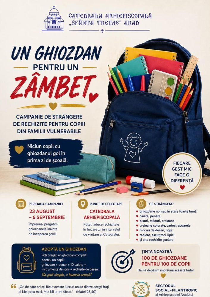 „Un ghiozdan pentru un zâmbet” – campanie de strângere de rechizite pentru copiii din familii vulnerabile
