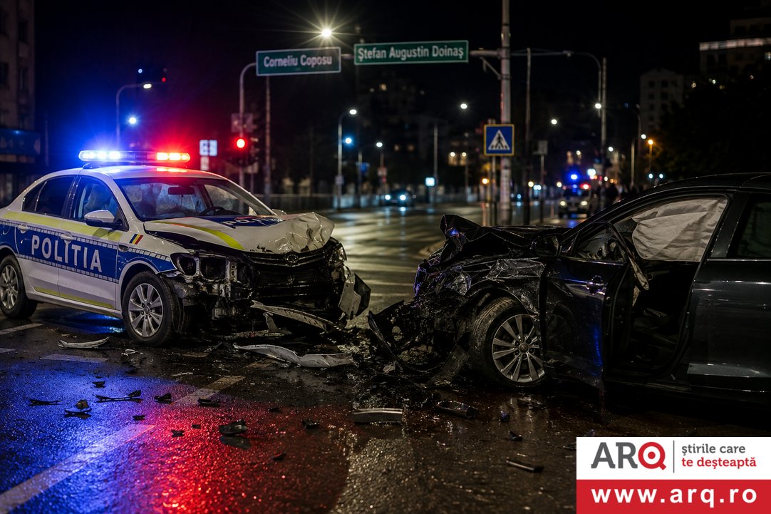 Accident între o autospecială de poliție și un autoturism la intersecția străzilor Corneliu Coposu și Ștefan Aug. Doinaș