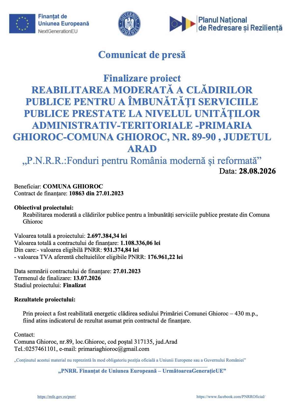 Comunicat de presă - Finalizare proiect