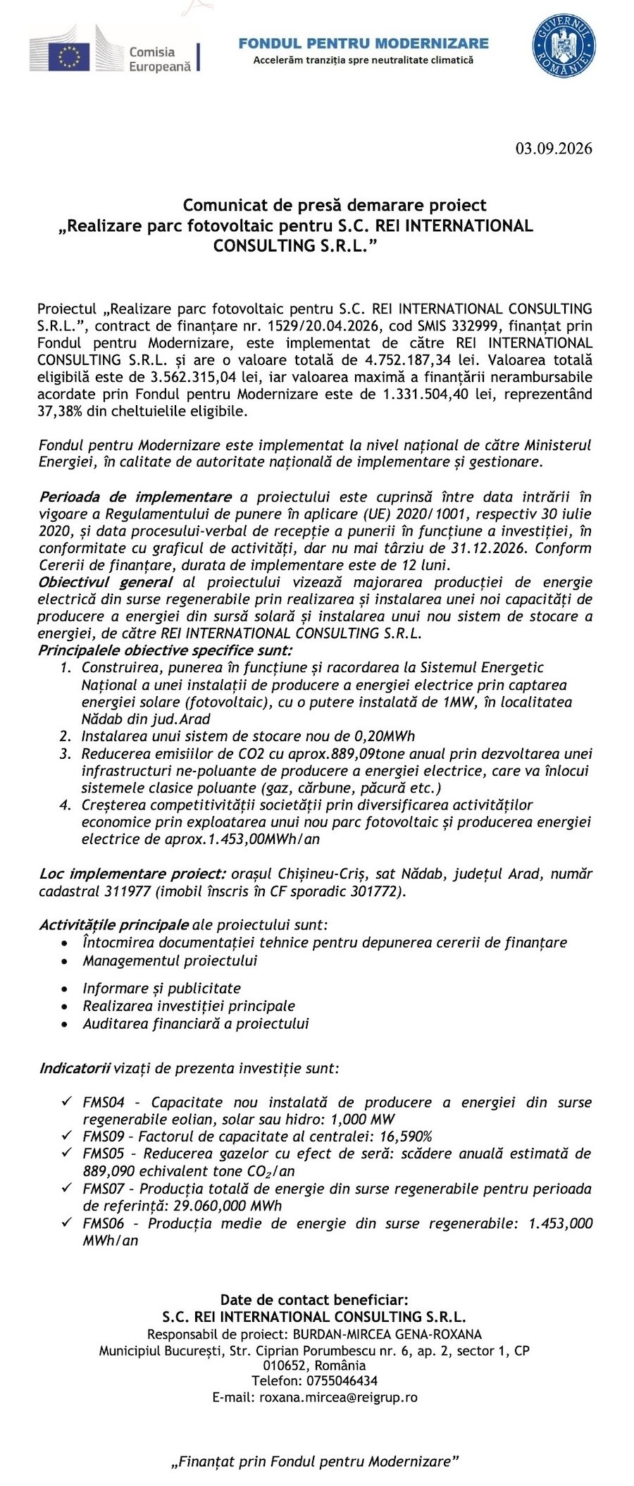 Comunicat de presă demarare proiect