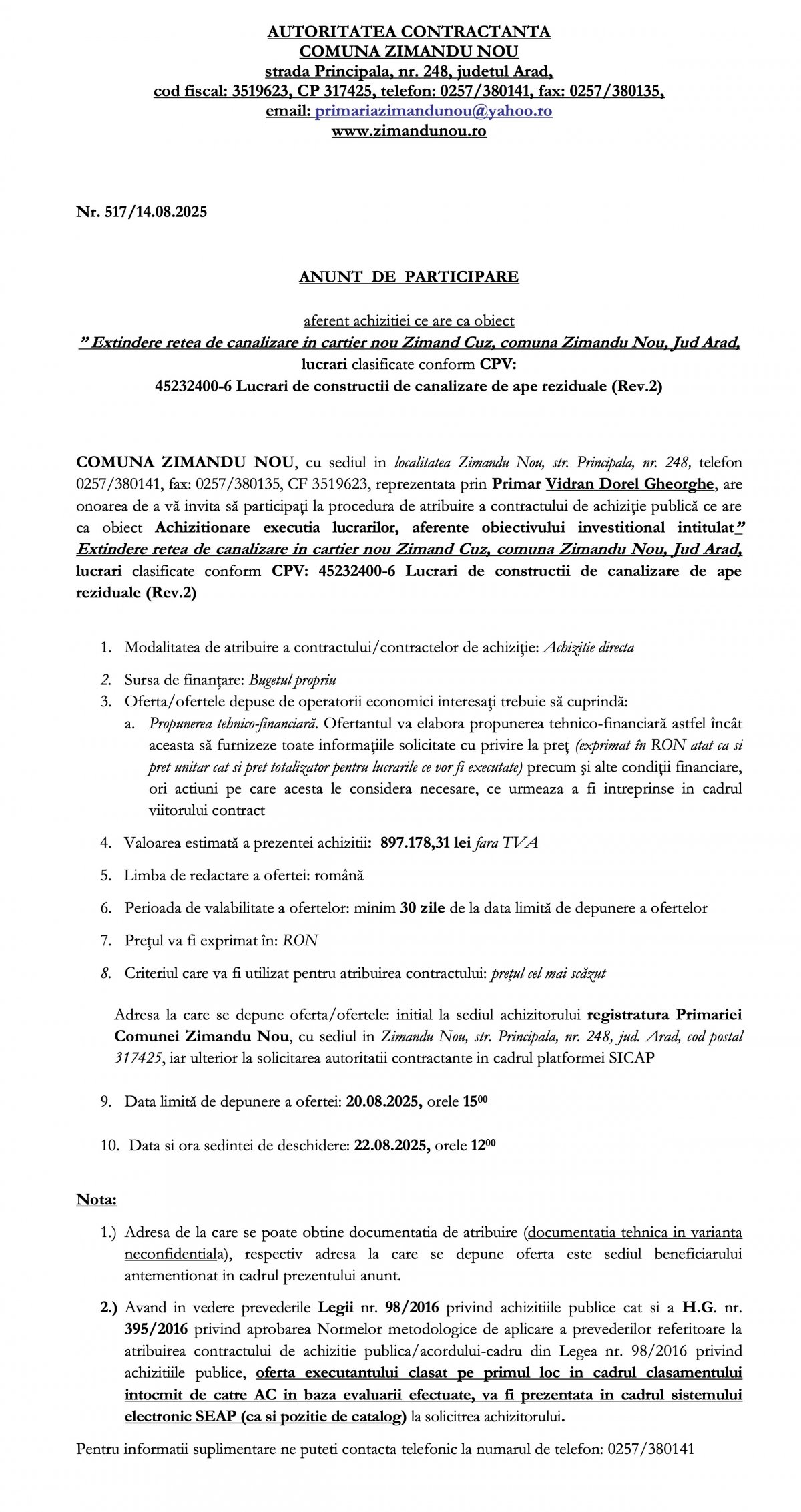ANUNȚ DE PARTICIPARE