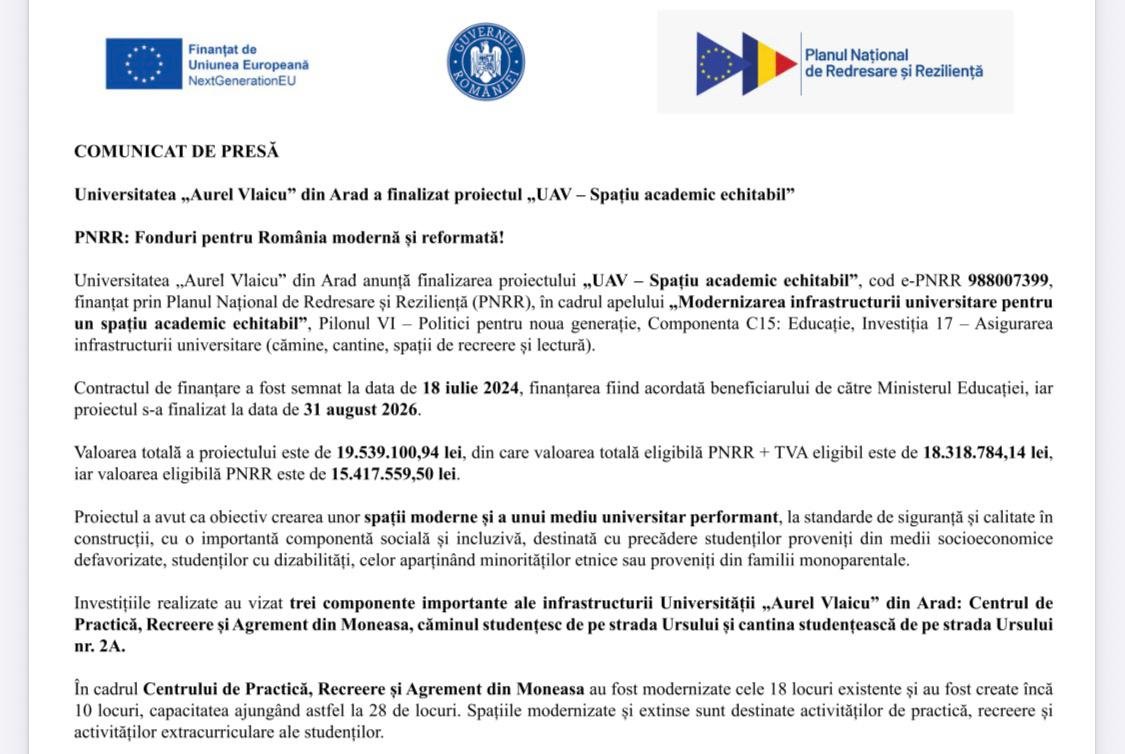 Universitatea „Aurel Vlaicu” din Arad a finalizat proiectul „UAV – Spațiu academic echitabil”