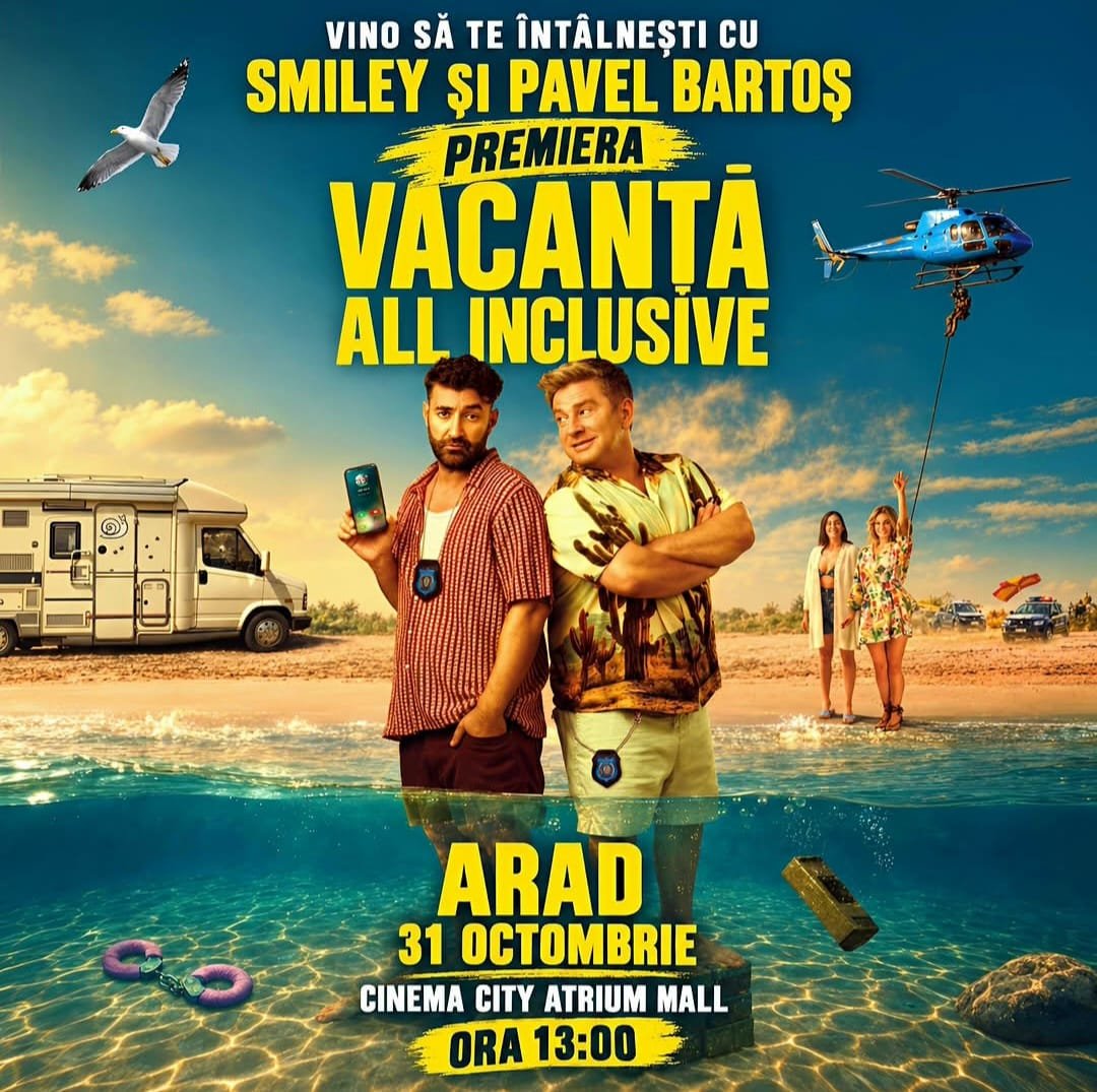 „Vacanță All Inclusive”, la Arad: Smiley și Pavel Bartoș se întâlnesc cu publicul la Cinema City Atrium Mall