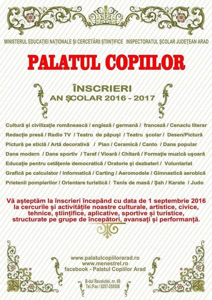 De la 1 septembrie încep înscrierile la Palatul Copiilor