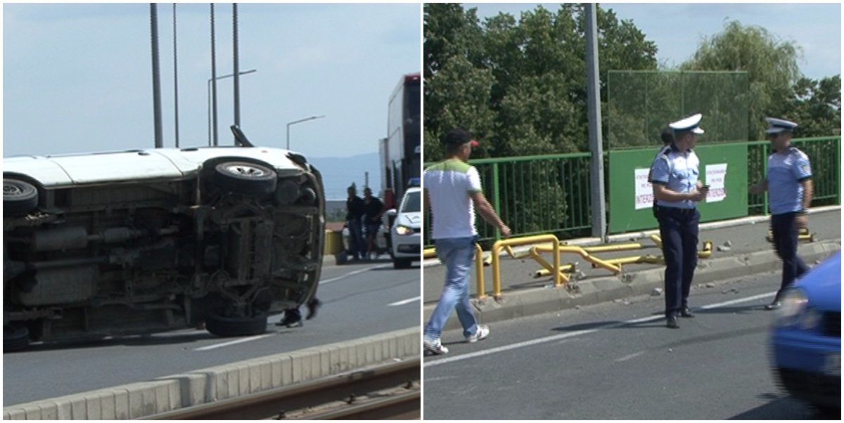 FOTO | S-a întors cu roțile-n sus pe pasajul de la Polivalentă