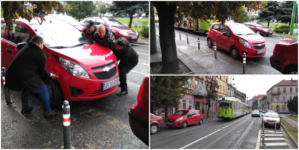 I-au luat mașina pe sus, după ce un șofer a blocat circulația tramvaielor în Piața Avram Iancu